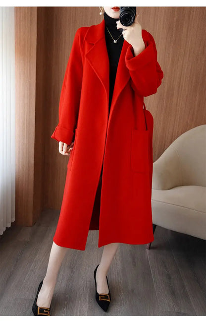 2024 Women's Wear 100% Wool Coat Autumn/Winter Fashion Temperament Double sided Cashmere Coats with Belt Elegant Long Overcoat