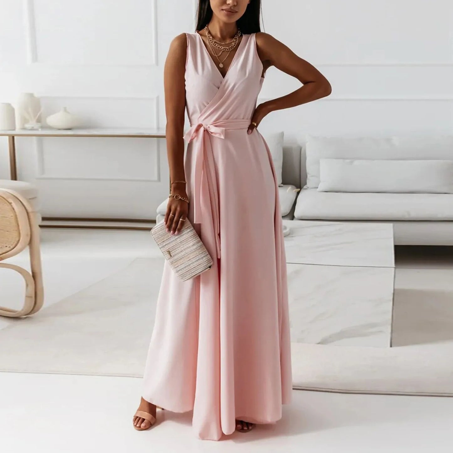 dresses for women elegant party dresses V-neck Sleeveless Belt Evening Dresses  Solid Color Solid Color dress vestidos femenino