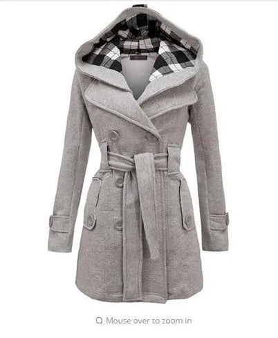 2025 Autumn Women's Hooded Overcoat Trend Double-Breasted Design Belt Side Pockets Plaid Splice Woolen Coats Winter Jacket Femme