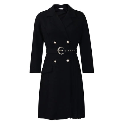 Women’s Elegant Notched Collar Dress, Long Sleeve Pleated Mid-Calf Dress with Waist Sash