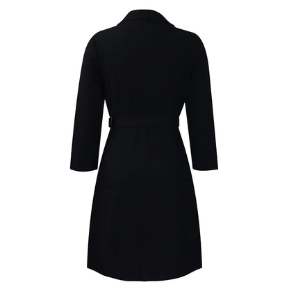 Women’s Elegant Notched Collar Dress, Long Sleeve Pleated Mid-Calf Dress with Waist Sash
