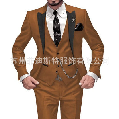Fashion Men's 3piece Suit Sets Casual Trendy Business Solid Color Turn-down Collar Sngle Button Blazers Trousers Male Clothes