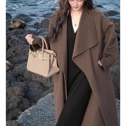 100% Wool Coat Women's Wear 2025 Autumn/Winter Fashion Temperament Double sided Cashmere Coats with Belt Elegant Long Overcoat