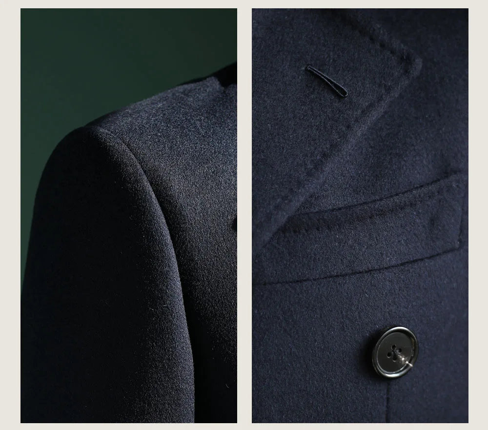 Men's Overcoat Warm Thick 100% Wool Double Breasted Navy Blue Slim Fit Luxury Business Long Coat Custom