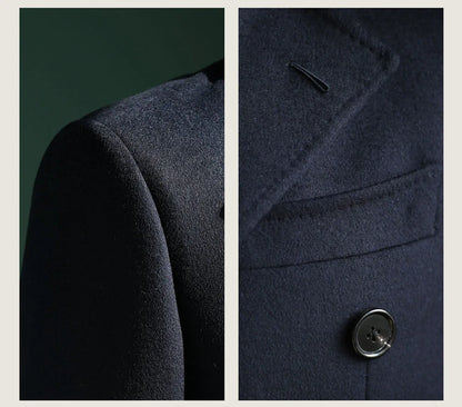 Men's Overcoat Warm Thick 100% Wool Double Breasted Navy Blue Slim Fit Luxury Business Long Coat Custom
