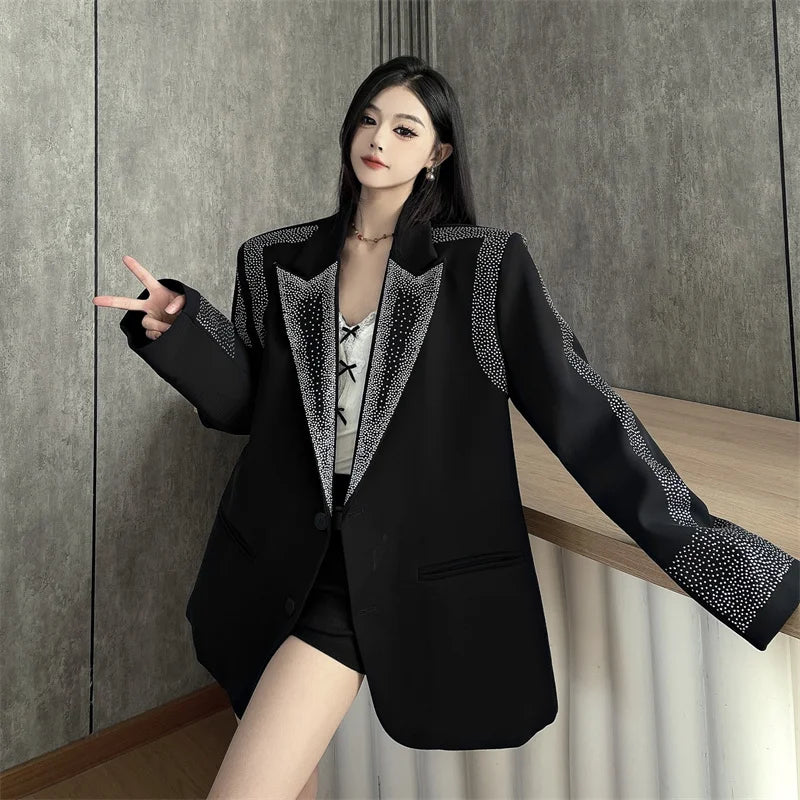 Women's BF Oversize Coats Loose Casual Single-Breasted Retro Beaded Jacket Office Lady Outerwear Autumn Winter