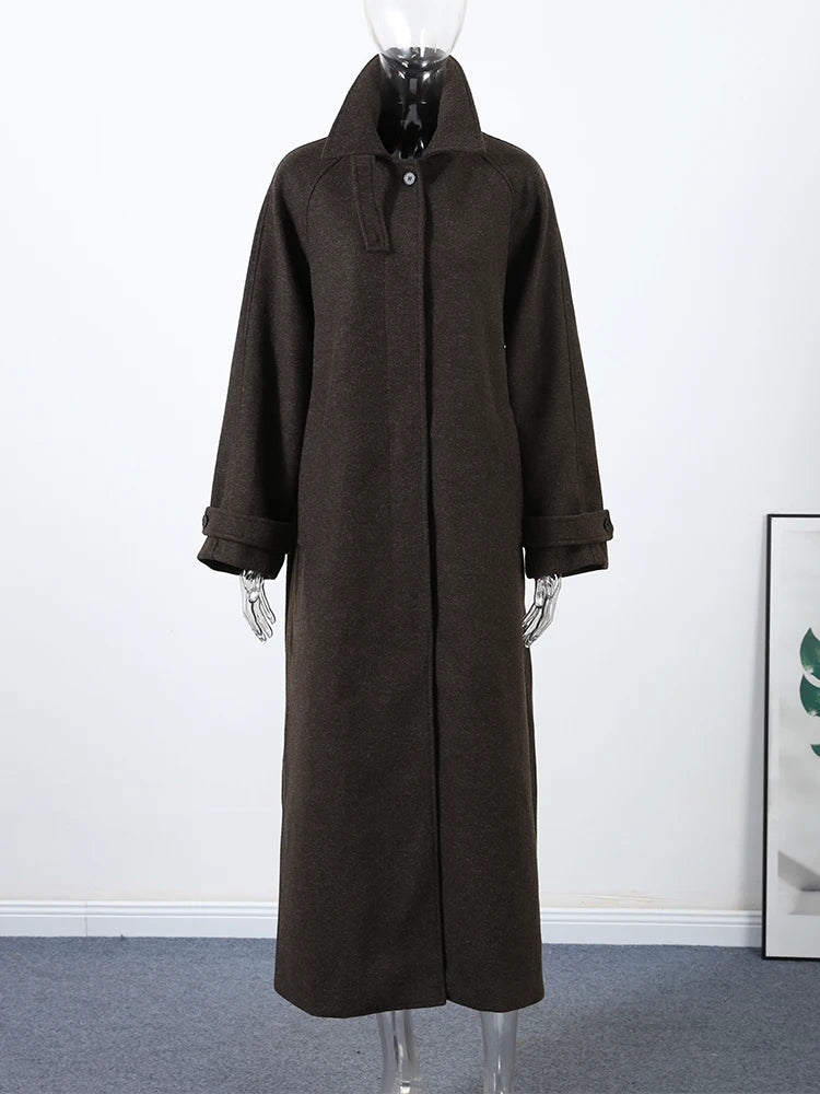 Elegant Woolen Women's Long Coat Long Sleeve Turn-down Single Breasted Female Overcoat 2025 Autumn Winter Chic Casual Lady Coats
