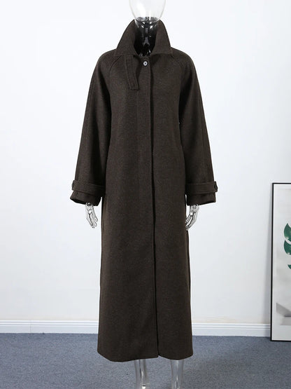 Elegant Woolen Women's Long Coat Long Sleeve Turn-down Single Breasted Female Overcoat 2025 Autumn Winter Chic Casual Lady Coats