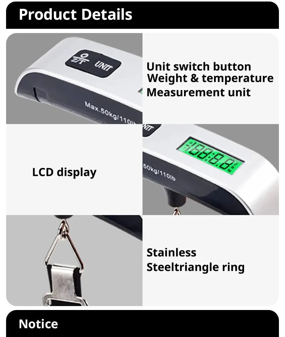 Portable Handheld Digital Travel Luggage Scale - .110lb/50kg with LCD Display, Mini Pocket-Size Electronic Weighing Tool