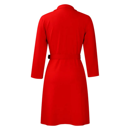 Women’s Elegant Notched Collar Dress, Long Sleeve Pleated Mid-Calf Dress with Waist Sash