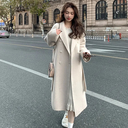 100% Wool Coat Women's Wear 2024 Autumn/Winter Fashion Temperament Double sided Cashmere Coats with Belt Elegant Long Overcoat
