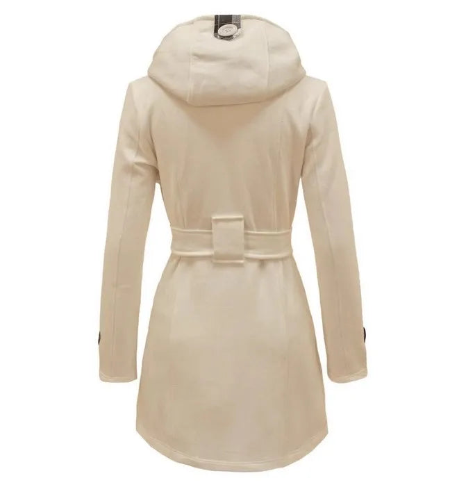 2025 Autumn Women's Hooded Overcoat Trend Double-Breasted Design Belt Side Pockets Plaid Splice Woolen Coats Winter Jacket Femme