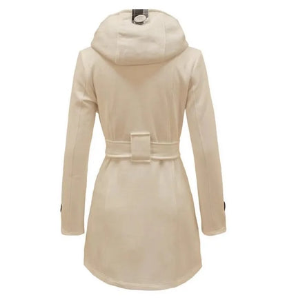 2025 Autumn Women's Hooded Overcoat Trend Double-Breasted Design Belt Side Pockets Plaid Splice Woolen Coats Winter Jacket Femme