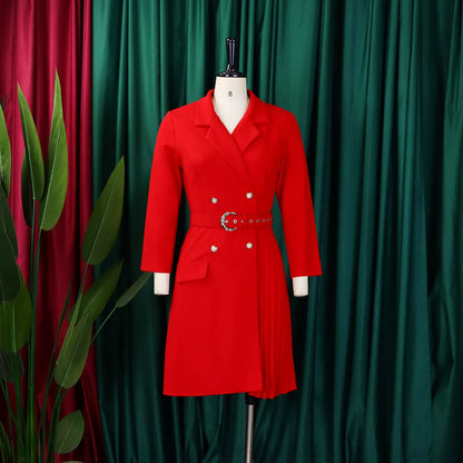 Women’s Elegant Notched Collar Dress, Long Sleeve Pleated Mid-Calf Dress with Waist Sash