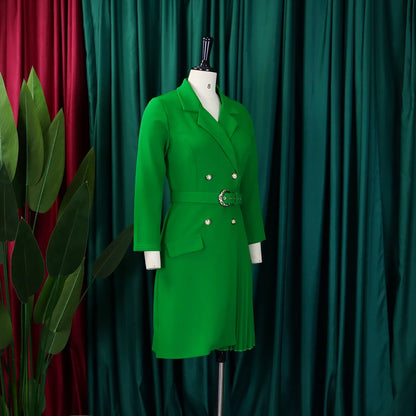 Women’s Elegant Notched Collar Dress, Long Sleeve Pleated Mid-Calf Dress with Waist Sash