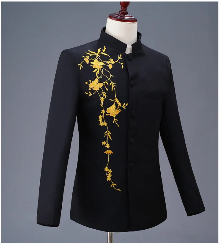 2025 New Men's Chinese Style Applique Suits Slim Fit Flower Set Male Wedding Prom Party Dress Blazers Jacket and Pants