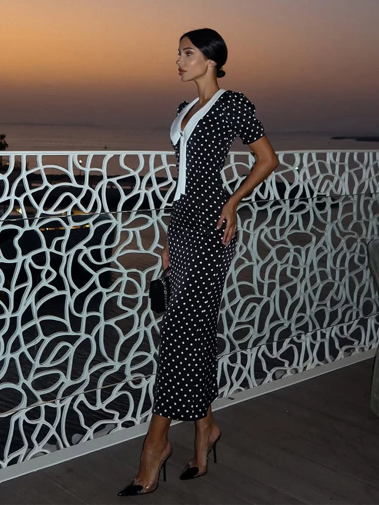 Dot Printed Dresses For Women Fashion Sexy Streetwear Short Sleeves Sheath Turn Down Collar V-Neck Long Vestidos Robes Female