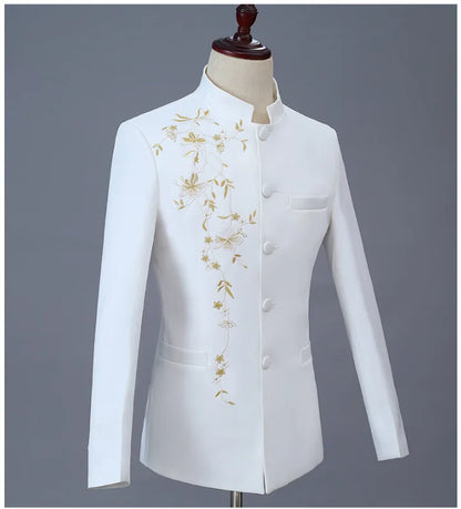 2025 New Men's Chinese Style Applique Suits Slim Fit Flower Set Male Wedding Prom Party Dress Blazers Jacket and Pants