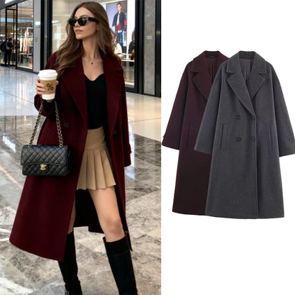 Women's Overcoat 2025 Autumn Winter New Fashion Laple Long Sleeves Double-Breasted Coat Female High Street Elegant New Coats