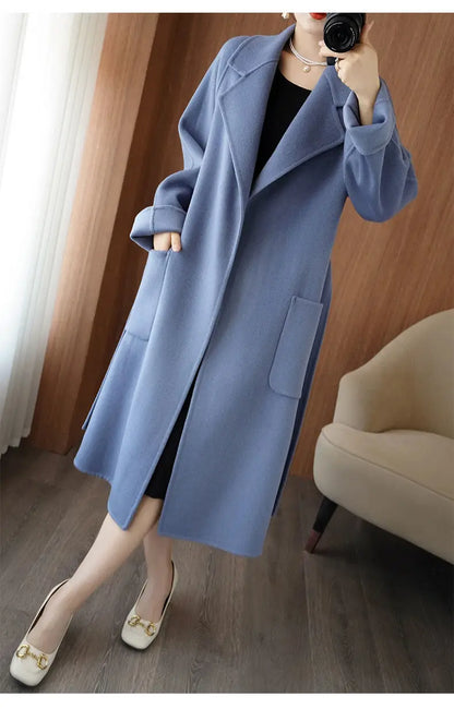 2024 Women's Wear 100% Wool Coat Autumn/Winter Fashion Temperament Double sided Cashmere Coats with Belt Elegant Long Overcoat