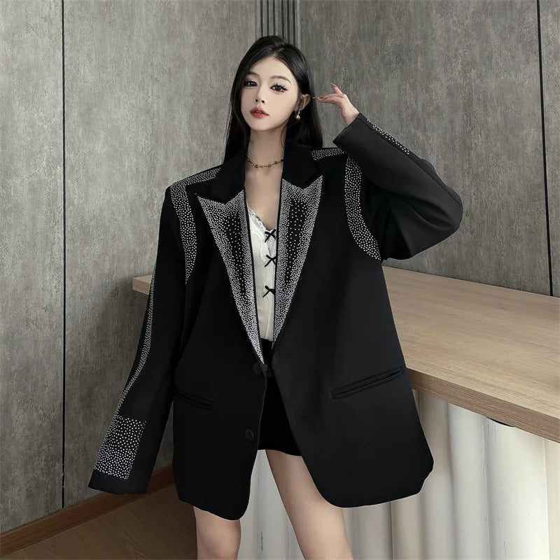 Women's BF Oversize Coats Loose Casual Single-Breasted Retro Beaded Jacket Office Lady Outerwear Autumn Winter