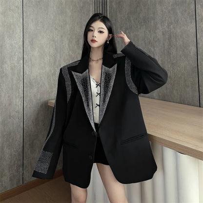 Women's BF Oversize Coats Loose Casual Single-Breasted Retro Beaded Jacket Office Lady Outerwear Autumn Winter