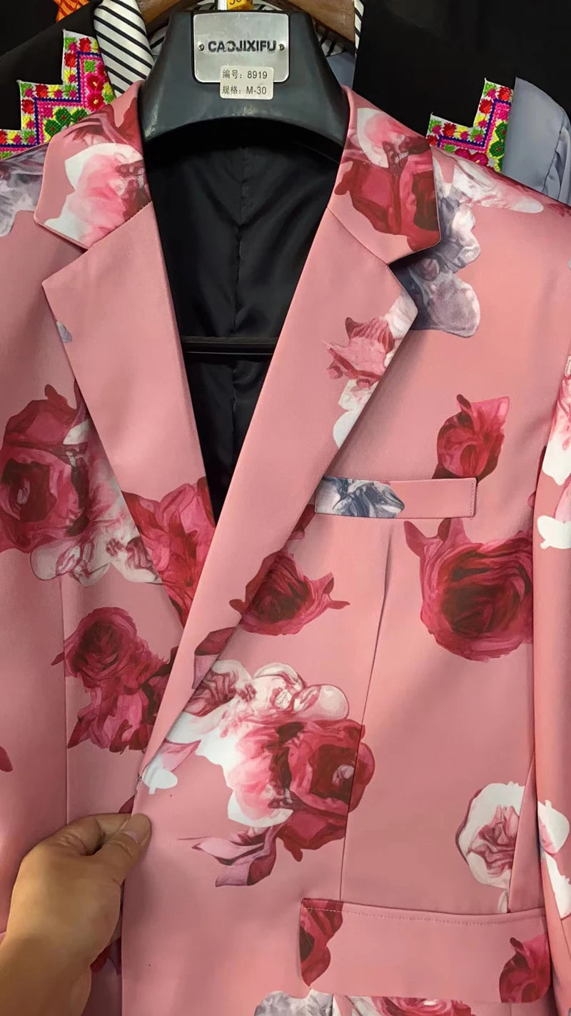 Men's Casual Suits Coat Trousers Digital Printing Exquisite Rose Flower Suit Cosplay Party Stage Nightclub Performance Costume