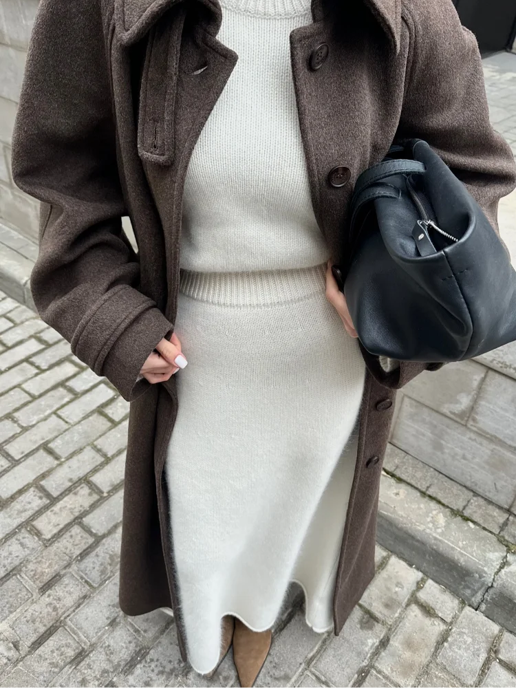 Elegant Woolen Women's Long Coat Long Sleeve Turn-down Single Breasted Female Overcoat 2025 Autumn Winter Chic Casual Lady Coats