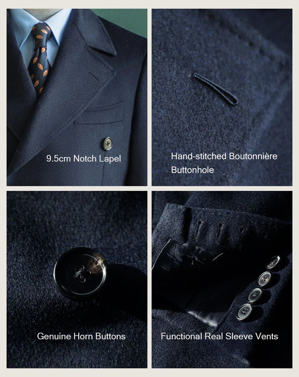 Men's Overcoat Warm Thick 100% Wool Double Breasted Navy Blue Slim Fit Luxury Business Long Coat Custom