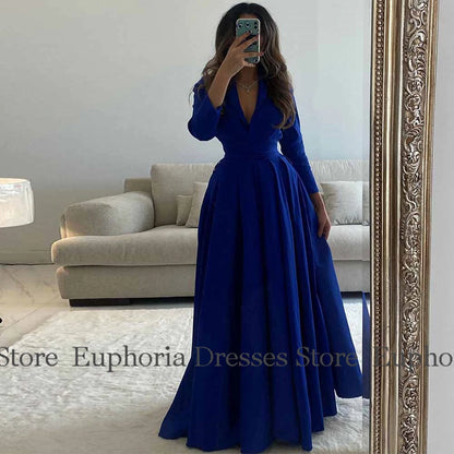 Saudi Arabia Dresses for Special Events Formal Satin A-line Celebrity Dress Royal Blue V-neck Ruched Pleat Evening Dress Long