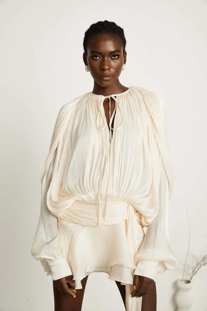 Dresses For Woman French Vestidos Elegant Puff Sleeve Dress Fashionable Loose Lace-up Solid Color Leace-up Simple Style Trendy