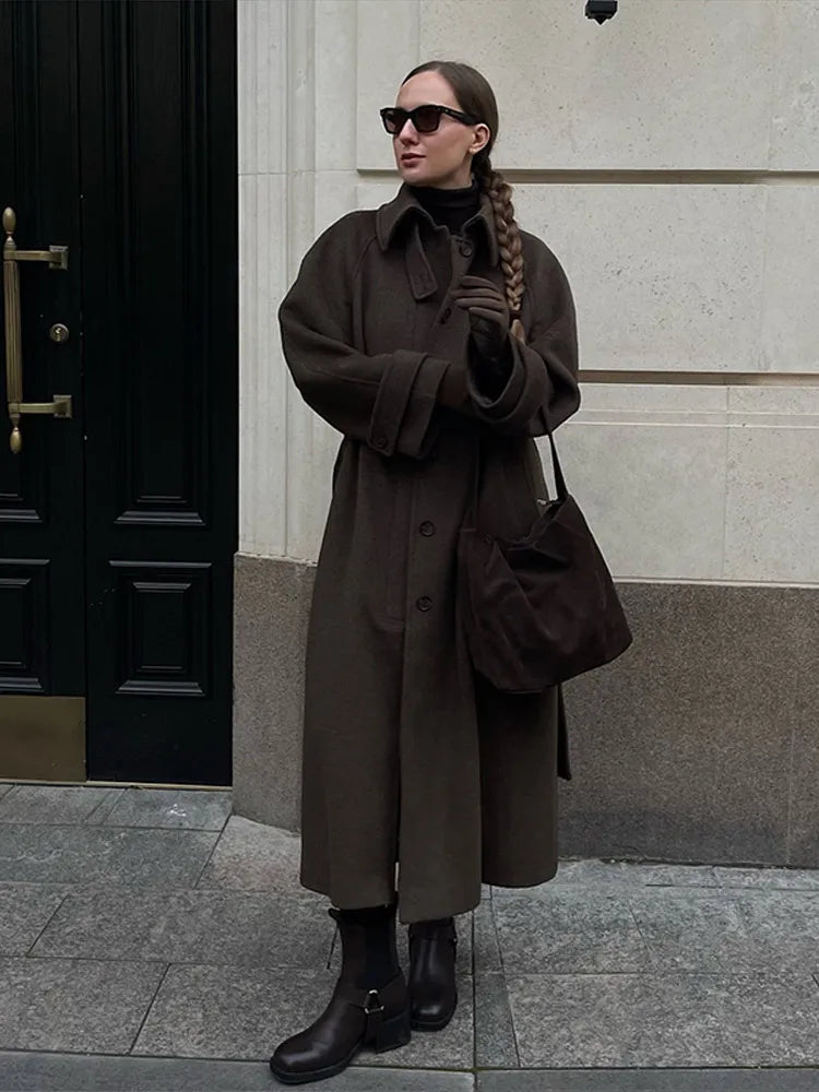 Elegant Woolen Women's Long Coat Long Sleeve Turn-down Single Breasted Female Overcoat 2025 Autumn Winter Chic Casual Lady Coats