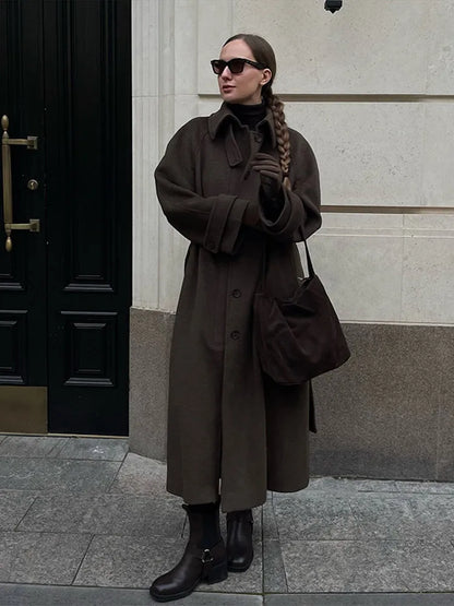 Elegant Woolen Women's Long Coat Long Sleeve Turn-down Single Breasted Female Overcoat 2025 Autumn Winter Chic Casual Lady Coats