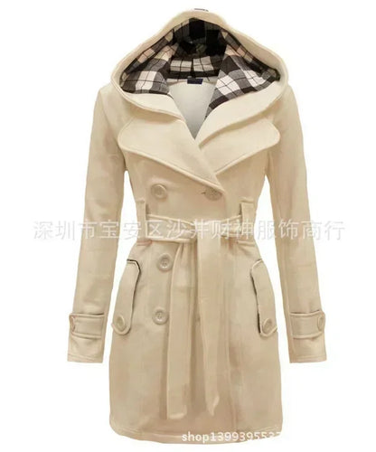 2025 Autumn Women's Hooded Overcoat Trend Double-Breasted Design Belt Side Pockets Plaid Splice Woolen Coats Winter Jacket Femme