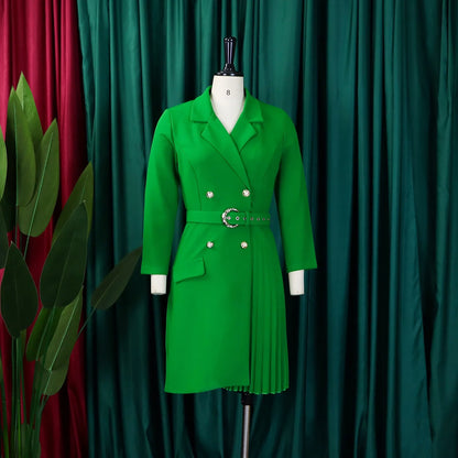 Women’s Elegant Notched Collar Dress, Long Sleeve Pleated Mid-Calf Dress with Waist Sash