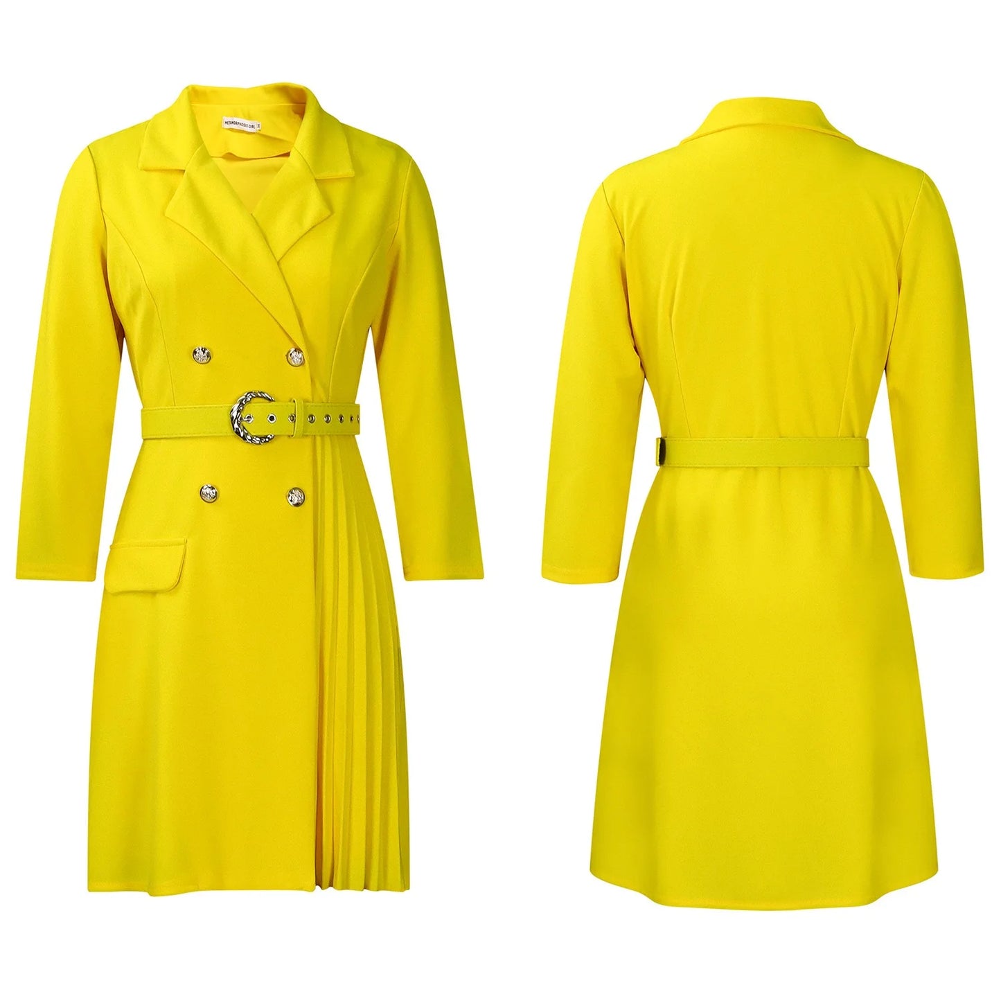 Women’s Elegant Notched Collar Dress, Long Sleeve Pleated Mid-Calf Dress with Waist Sash