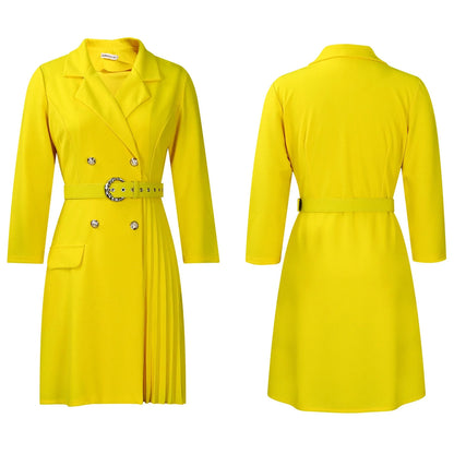 Women’s Elegant Notched Collar Dress, Long Sleeve Pleated Mid-Calf Dress with Waist Sash