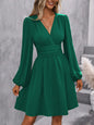 Dresses 2025 Woman Clothing V Neck Lantern Sleeve Wrap Mini Dress Ruched Waist Flowy Hem Elegant for Autumn and Party Styles ﻿