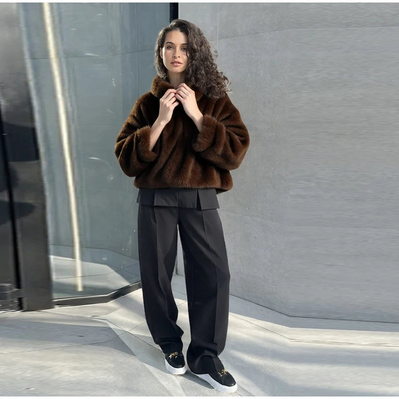 Fashion Furry Hooded Faux Fur Coats Women's Loose Long Sleeve Brown Warm Pullovers 2025 Autumn Winter Lady Casual Outwear