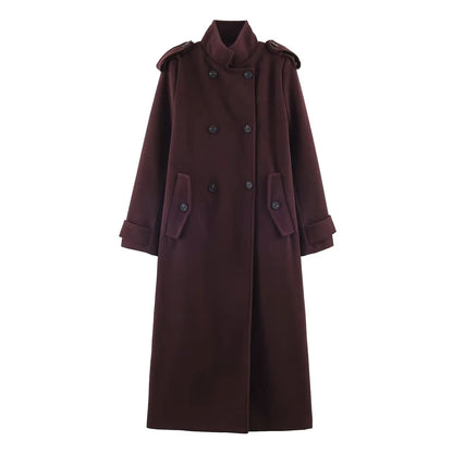 Women’s Stand Collar Long Coats 2025 Winter New Double-Breasted Woolen Coat Vintage Simple Outerwear Fashion Female Overcoat