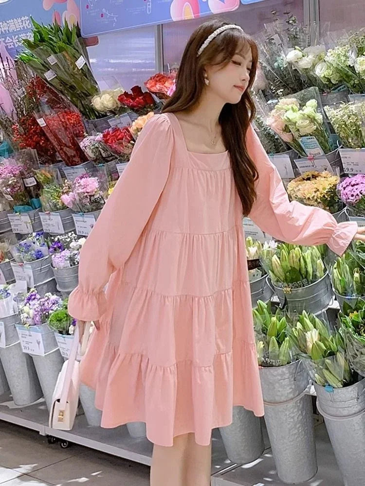 Women’s Pink Long Sleeve A-Line Dress – Elastic Waist, Casual, Party & Beach Style