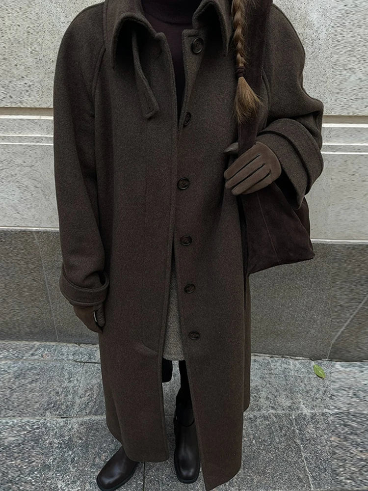 Elegant Woolen Women's Long Coat Long Sleeve Turn-down Single Breasted Female Overcoat 2025 Autumn Winter Chic Casual Lady Coats