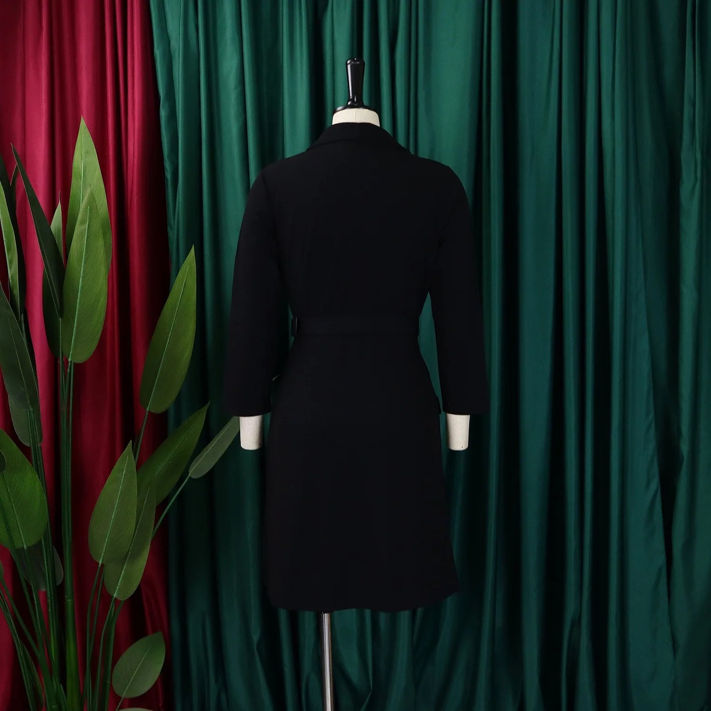 Women’s Elegant Notched Collar Dress, Long Sleeve Pleated Mid-Calf Dress with Waist Sash