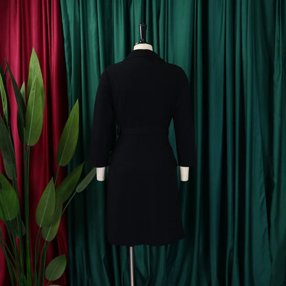 Women’s Elegant Notched Collar Dress, Long Sleeve Pleated Mid-Calf Dress with Waist Sash