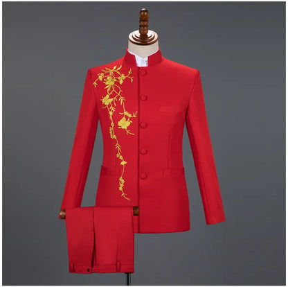 2025 New Men's Chinese Style Applique Suits Slim Fit Flower Set Male Wedding Prom Party Dress Blazers Jacket and Pants