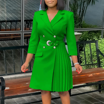 Women’s Elegant Notched Collar Dress, Long Sleeve Pleated Mid-Calf Dress with Waist Sash