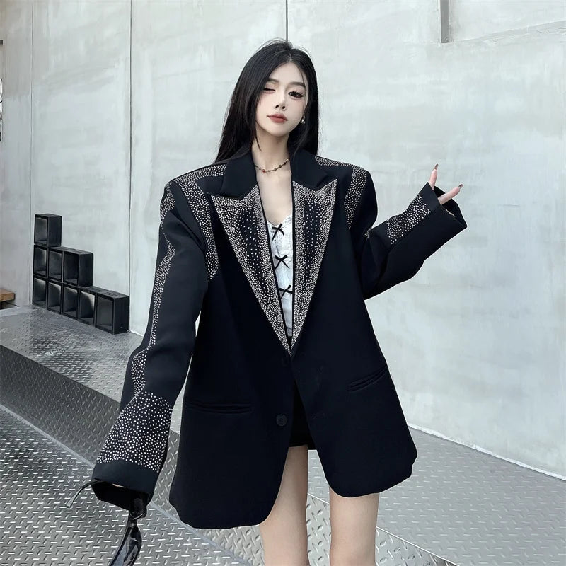 Women's BF Oversize Coats Loose Casual Single-Breasted Retro Beaded Jacket Office Lady Outerwear Autumn Winter