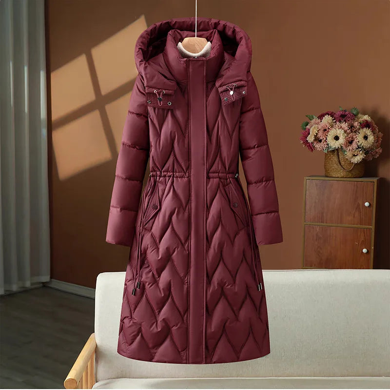 Women Hooded Long Parkas Coats Solid Overcoat Single Breasted Full Sleeves Stand Collar Office Lady Casual 2025 Autumn Winter