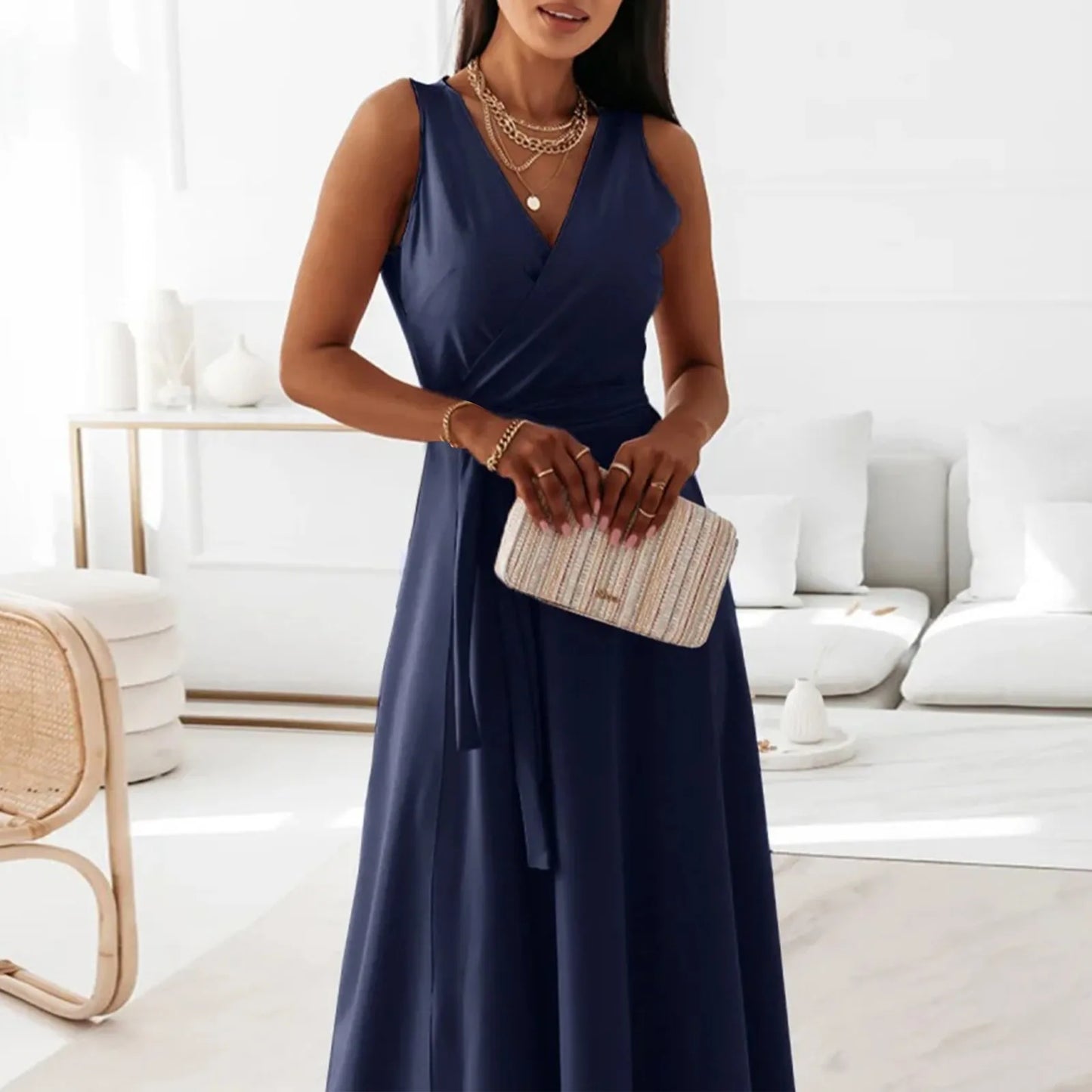 dresses for women elegant party dresses V-neck Sleeveless Belt Evening Dresses  Solid Color Solid Color dress vestidos femenino