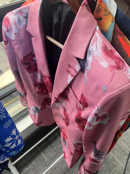 Men's Casual Suits Coat Trousers Digital Printing Exquisite Rose Flower Suit Cosplay Party Stage Nightclub Performance Costume